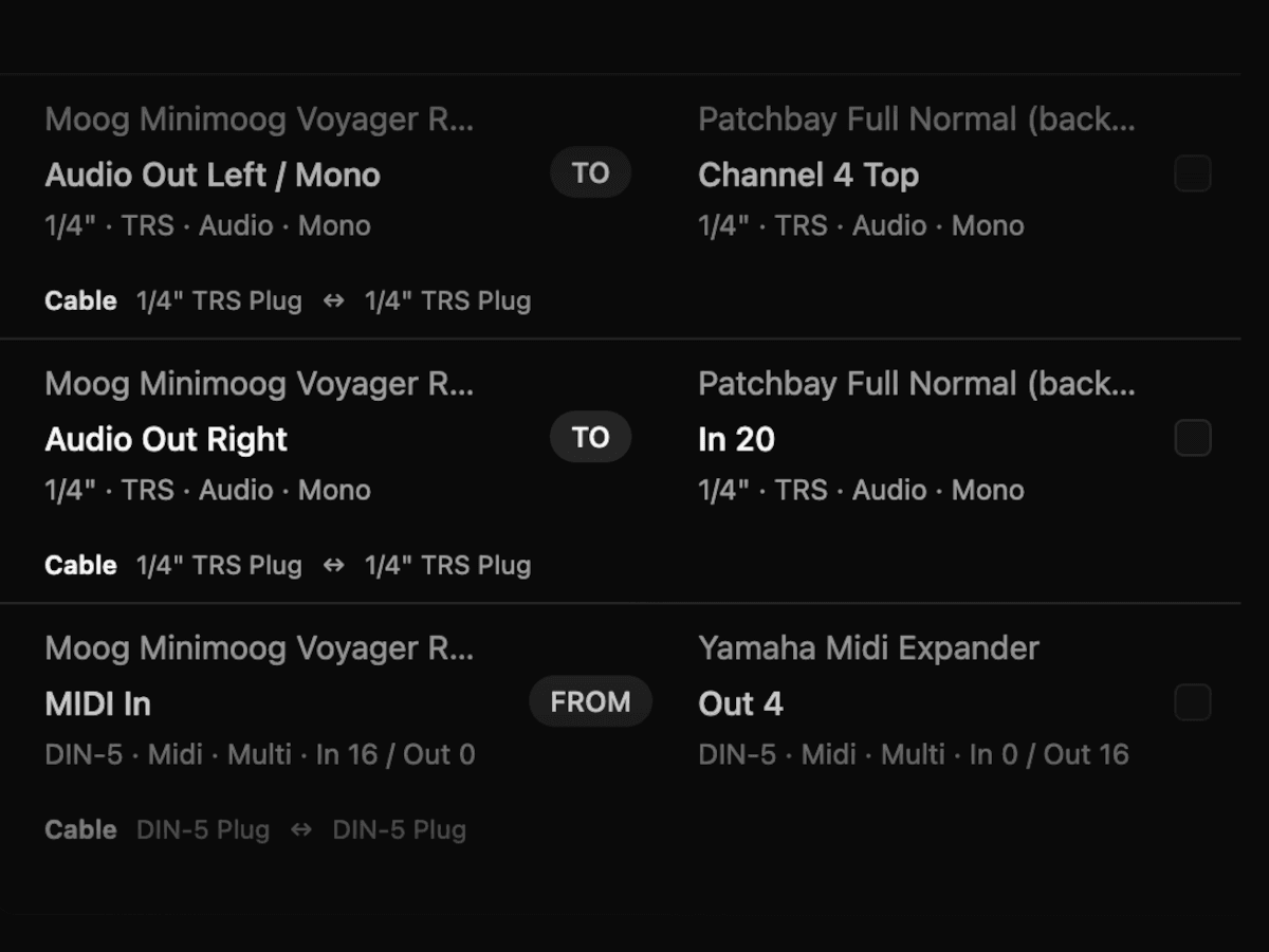 Screenshot: Checklist showing detailed device and port info and used cables